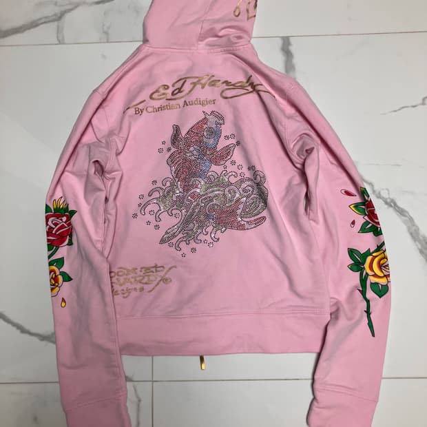 Y2K 에드 하디 (희귀) 라인스톤 스와로브스키 핑크 후드 집업 