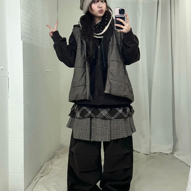 브라운 도트 체크 너드 러힙 코디세트