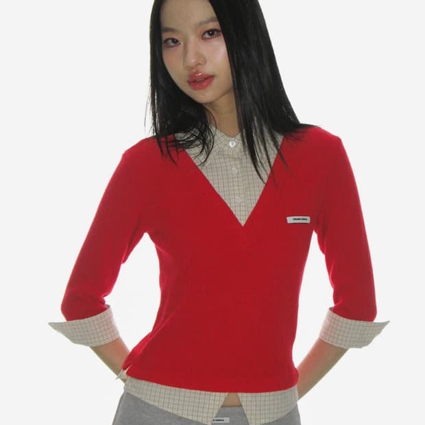크랭크 니트레이어드 체크셔츠 레드