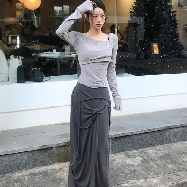 새상품)플레어업 드레이프 롱스커트 다크그레이