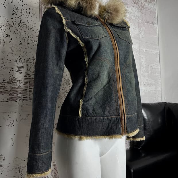 Y2K Fur-Trim Hooded Denim Jacket