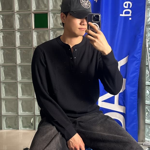 HENLEY NECK T- 와플 헨리 넥 티셔츠