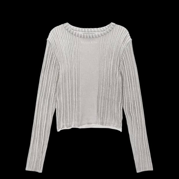 마땡킴 스트라이프 프린티드 크롭 니트 풀오버 그레이