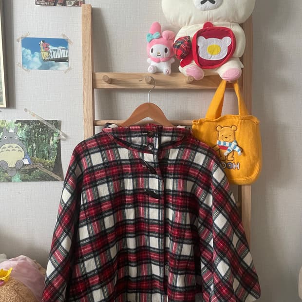 모리걸 빈티지 레드 체크 케이프 코트