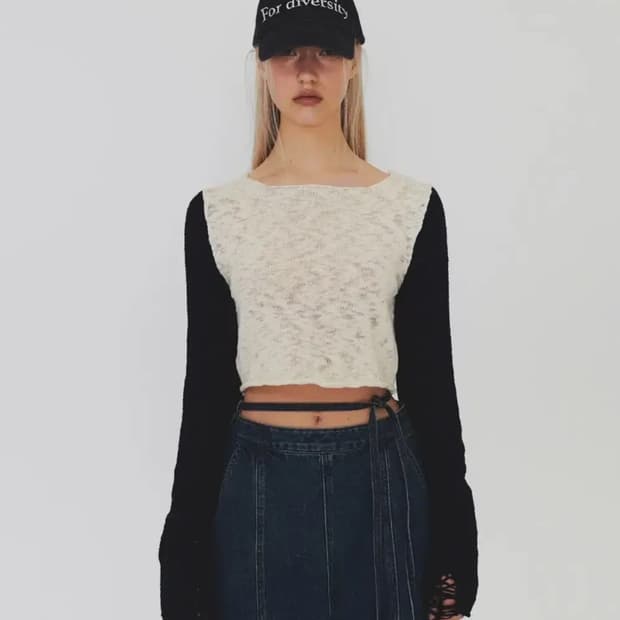 다이애그널 컬러 블록 크롭 니트