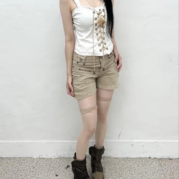 White beige eyelet lace up sleeveless