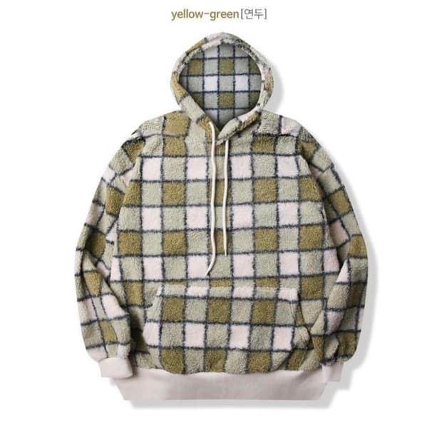 오버핏 체크무늬 뽀글이 후드티셔츠 그린(100-115)