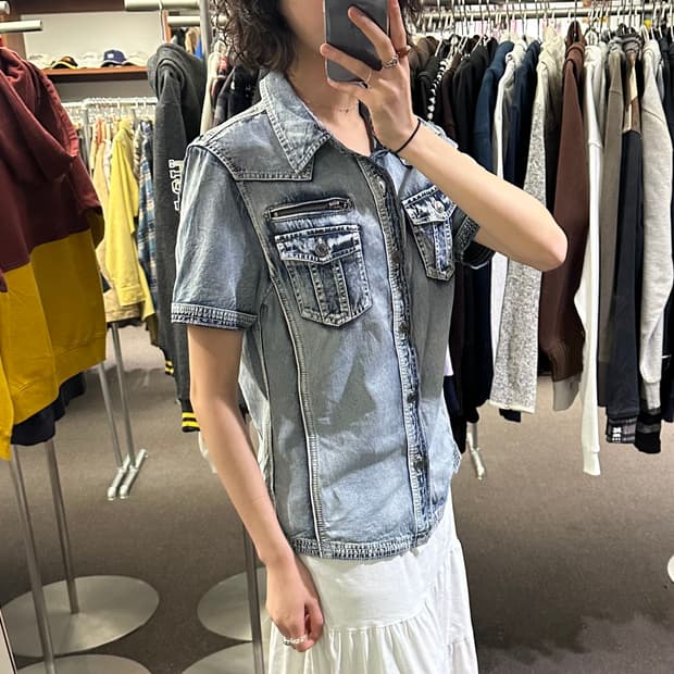 L)Japanese vintage 워싱 반팔 데님 셔츠 자켓