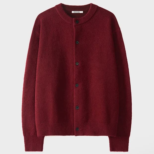 엑스컨테이너 미니멀 버튼 라운드넥 크롭 가디건 (DARK RED