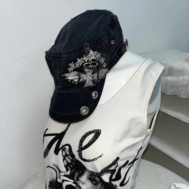 빈티지 블랙 펑크 밀리터리 캡