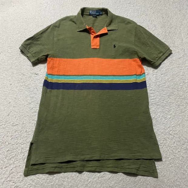 폴로 랄프로렌 멀티 스트라이프 카키색 반팔 카라티 m