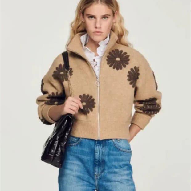 산드로 플라워 자수 울 블렌드 집업 니트 가디건