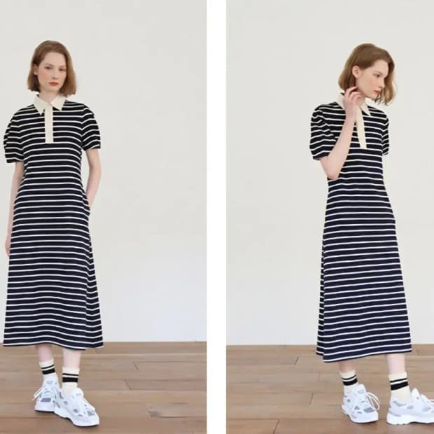 앤유 스트라이프 퍼프 소매 폴로 롱 원피스