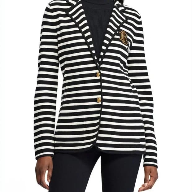 로렌 랄프로렌 금장 엠블럼 스트라이프 니트 자켓