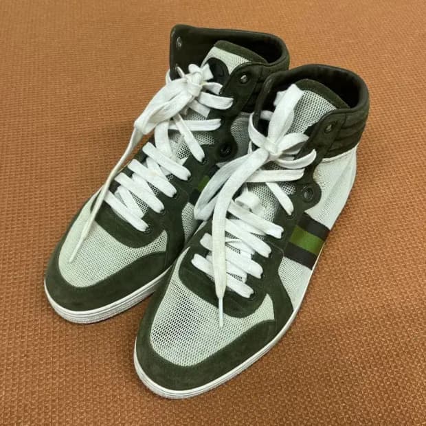 구찌 GUCCI 정품 카키 매쉬 삼선 하이탑 스니커즈 7.5 G07630