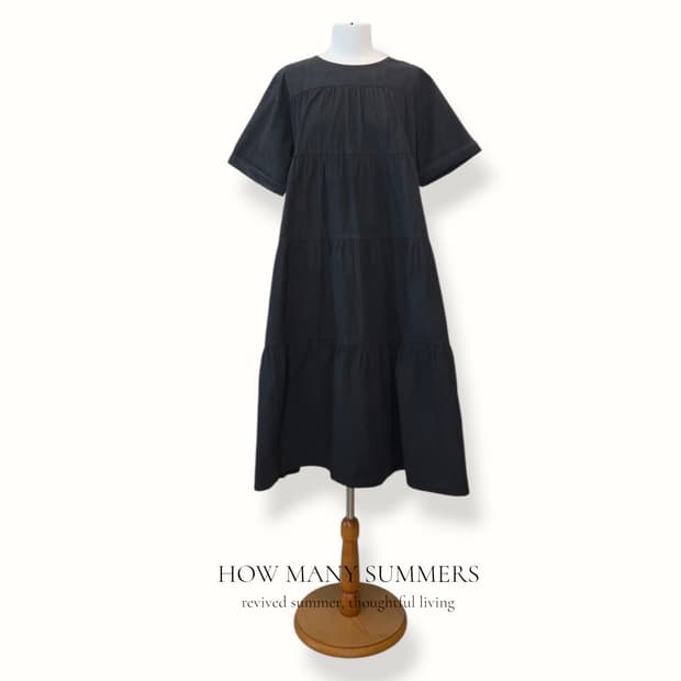 에카소포 면 캉캉 롱 원피스 블랙 반팔 셔링 long dress