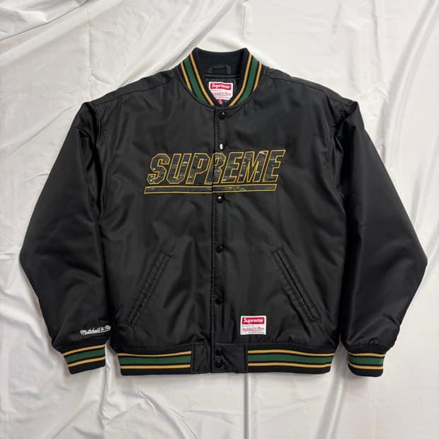 [M] 슈프림 미첼 & 네스 카모 로고 바시티 자켓 블랙