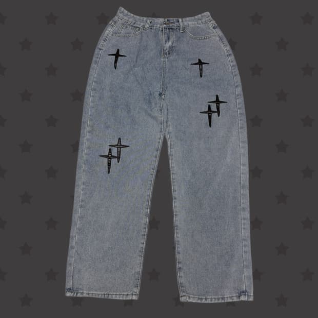 일본 빈티지 가죽 십자가 포인트 디테일 레이어드 와이드 데님 팬츠 