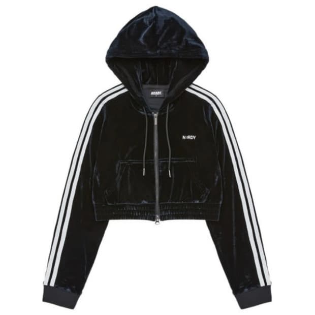 널디 벨벳 크롭 후디 트랙 탑 블랙 