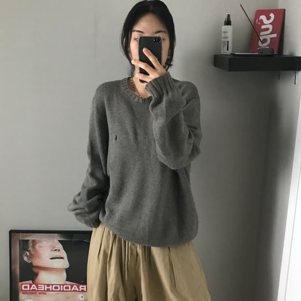 폴로 랄프로렌 포니 로고 그레이 라운드 니트