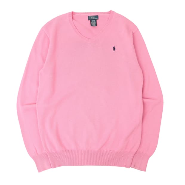 폴로 랄프로렌 라이트 핑크 코튼 브이넥 니트