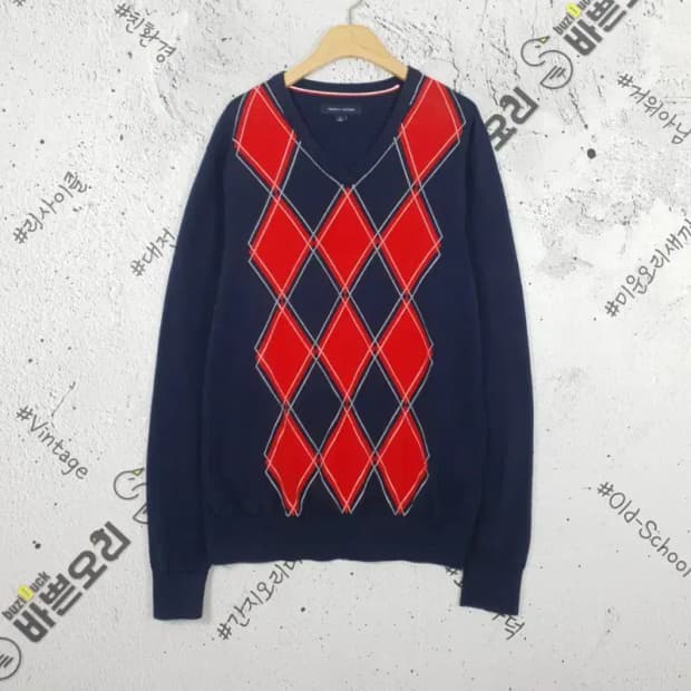 타미힐피거 TOMMY H아가일 V넥 니트 네이비 2400055