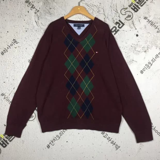 타미힐피거 TOMMY 브이넥 니트 스웨터 와인 L 2400096