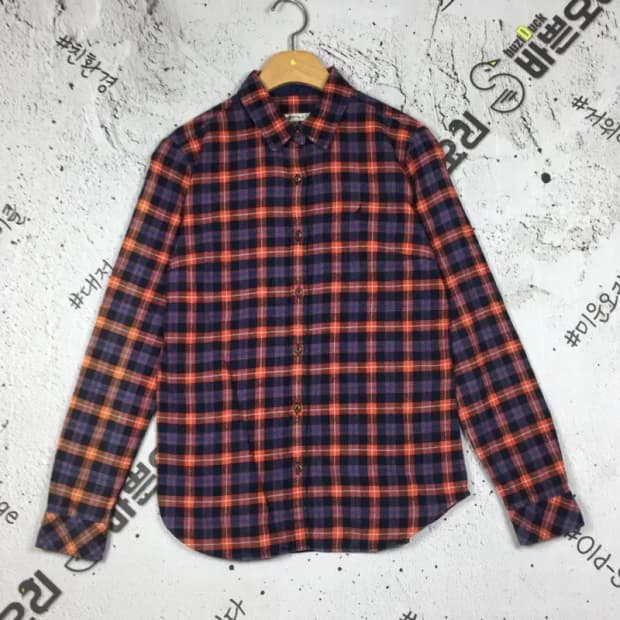 빈폴 여성 도톰 남방 셔츠 네이비 오렌지 타탄 95 1100345