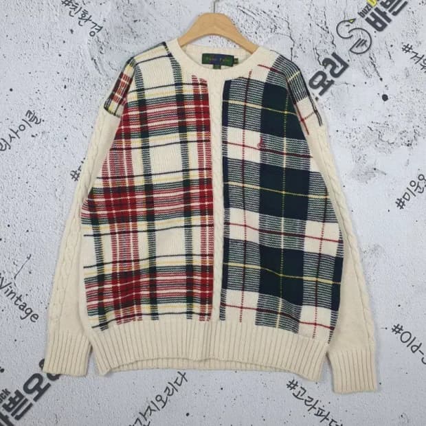 빈폴 Bean Pole 체크 베이지 크루넥 니트 100 2400025