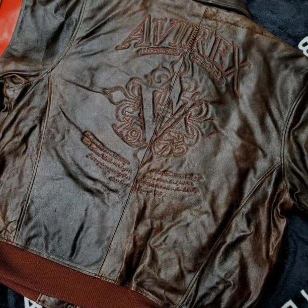 4XL)아비렉스 백프린팅 로고 브라운 가죽자켓