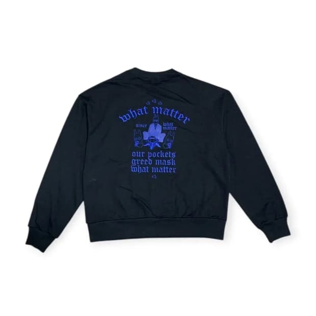 2XL)아워포켓츠 블루 자수 What matter 맨투맨 블랙 롱슬리브