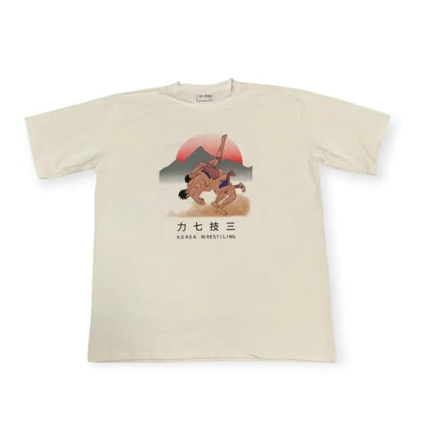 3XL)티그레 모디스트 오버핏 레슬링 프린팅 반팔 티셔츠 아이보리