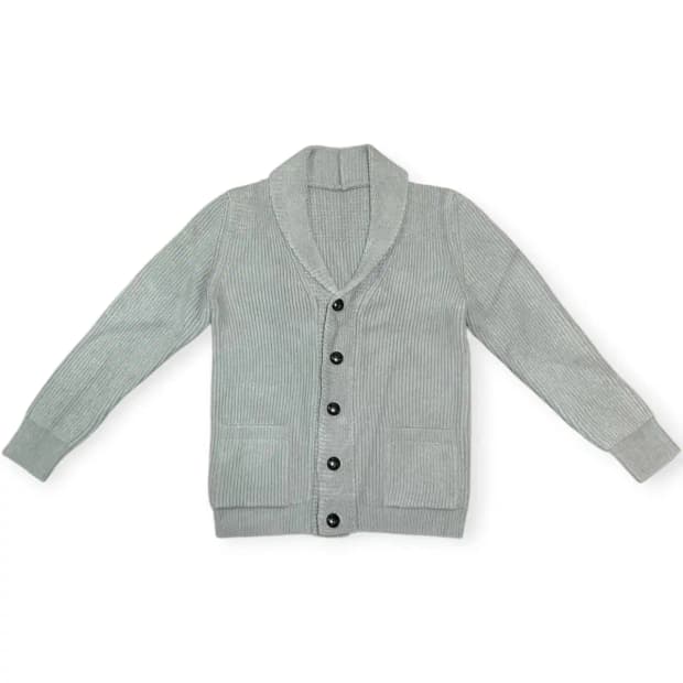 L)그레이 숄카라 가디건 그레이 회색 단추 스냅 스트라이프 패턴 울가디건