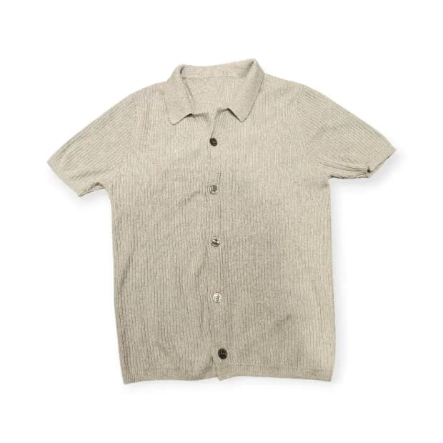 L)그레이 니트 반팔 셔츠 카라넥셔츠 회색 스트라이프