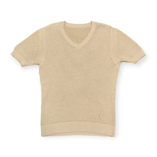 XL)MOOD 베이지 반팔 브이넥 머슬핏 니트 티셔츠