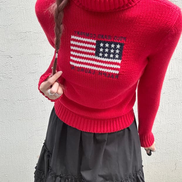 폴로진스 성조기 레드 터틀넥 코튼니트