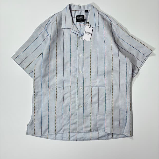 짓먼 빈티지 텐셀/린넨 우븐 스트라이프 캠프 셔츠 블루 L사이즈