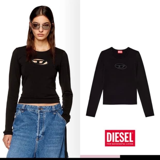 디젤 컷아웃 로고 슬리브 긴팔 티셔츠 블랙