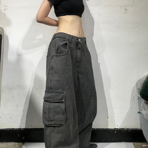 글래머 빈티지 워싱 흑청 카고 와이드 데님 팬츠 