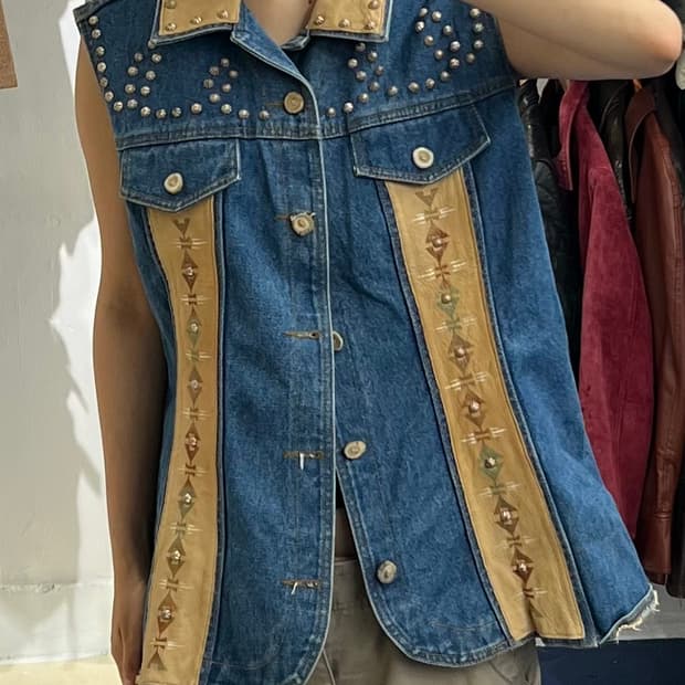 1990s Texas 스터드 레더 데님 베스트