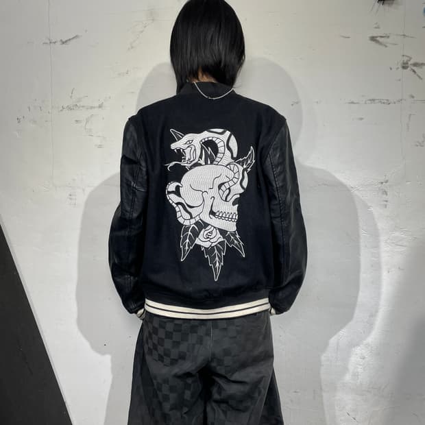 팍선 스컬 스네이크 자수 바시티 레더 자켓 가죽잠바 M