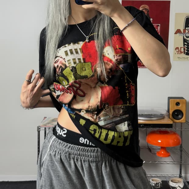 Vintage 투팍 프린트 랩 반팔 티셔츠 블랙