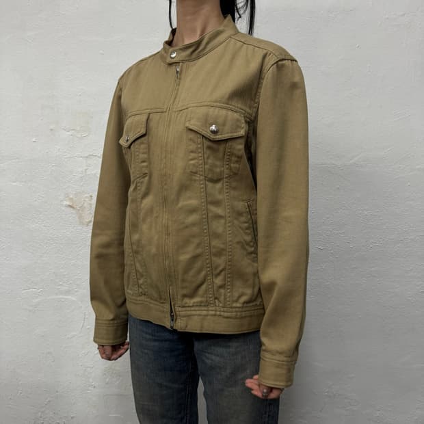 빔즈(BEAMS) 베이지컬러 코튼 더블 집업 밴드 칼라 자켓