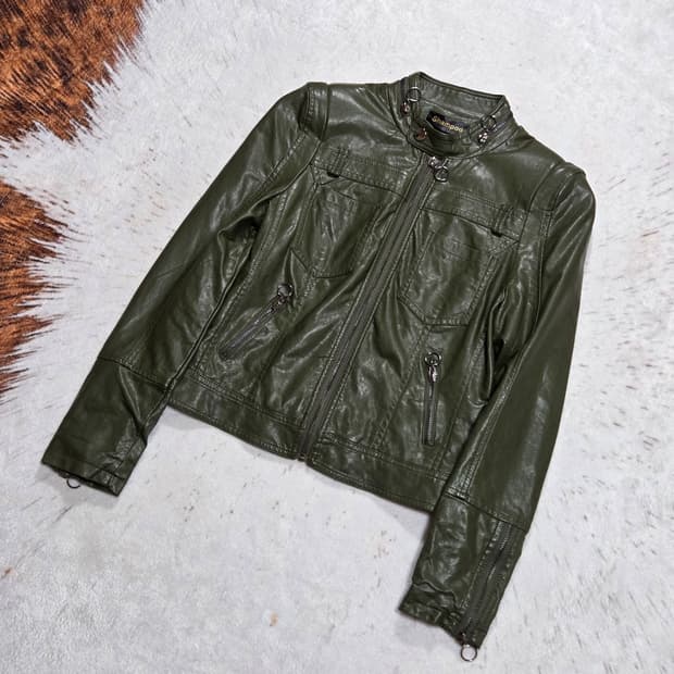 빈티지 카키 에코 레더 라이더 자켓