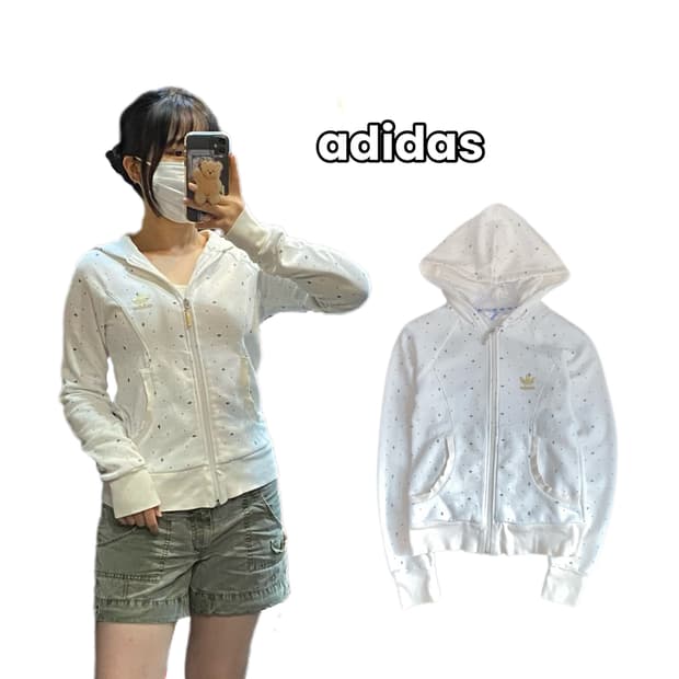 아디다스 화이트 멀티로고 딱붙 후드집업 85