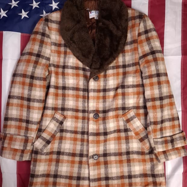 새제품 70's BAY CLUB 빈티지 울 체크 퍼 반코트