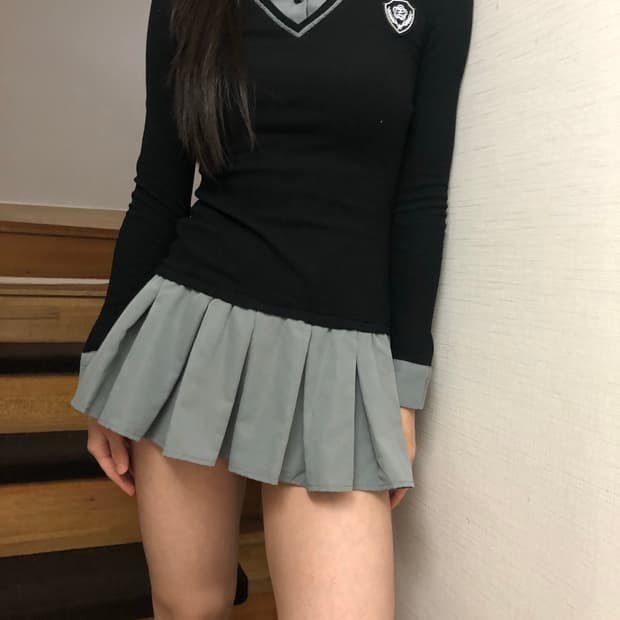 빈티지 그레이 니트 레이어드 플리츠 원피스