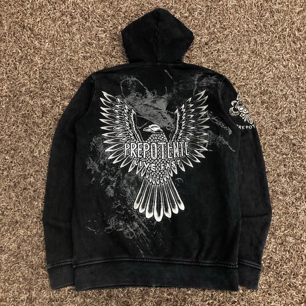 Prepotente 워싱 실버윙 스컬 그래픽 펑크 후드집업