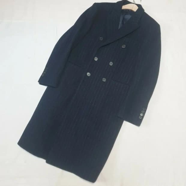 마마가리 네이비 스트라이프 롱 더블 코트