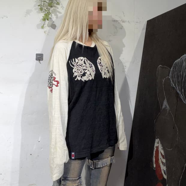 일본빈티지 오리엔탈 프린팅 롱 슬리브 긴팔 티셔츠 M